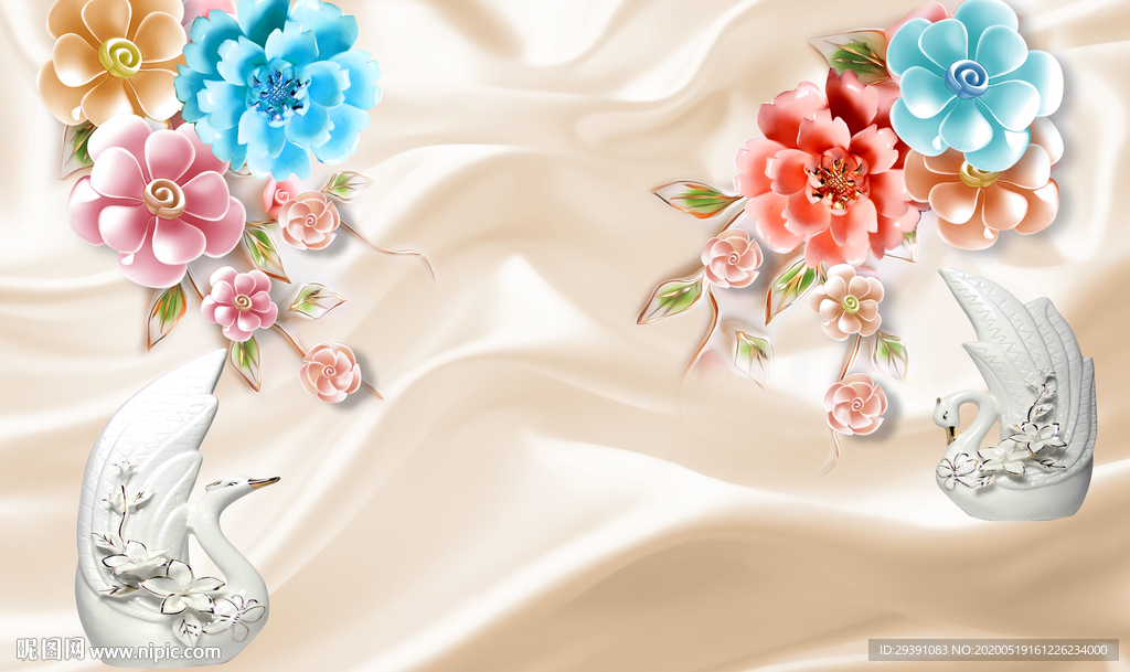 玫瑰花天鹅丝绸背景墙图片