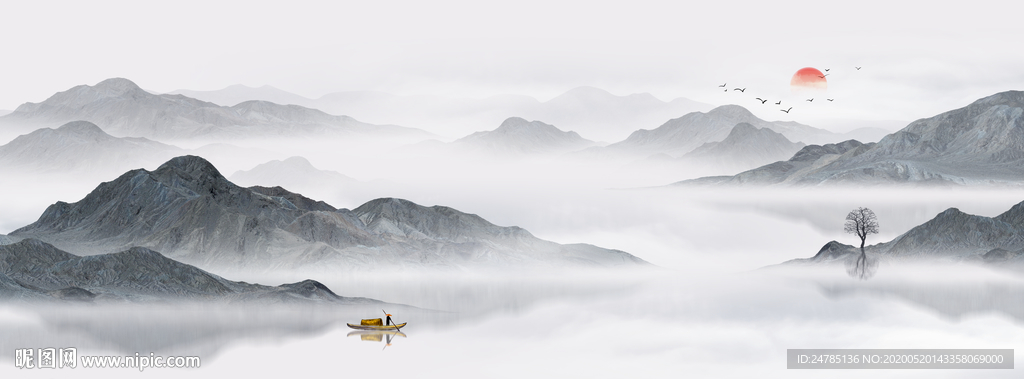 中式意境水墨山水画
