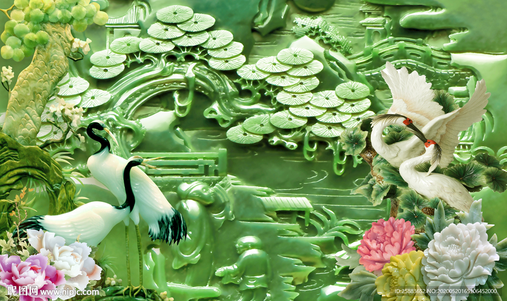 松鹤延年玉雕电视背景墙