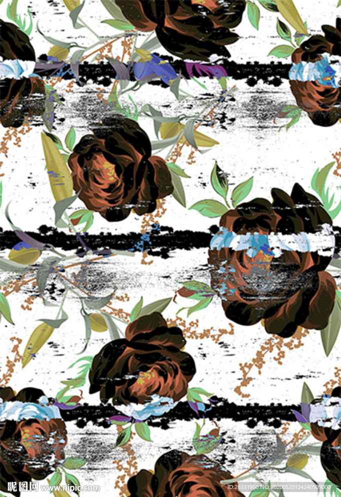 数码印花淡黑白底淡混色花朵