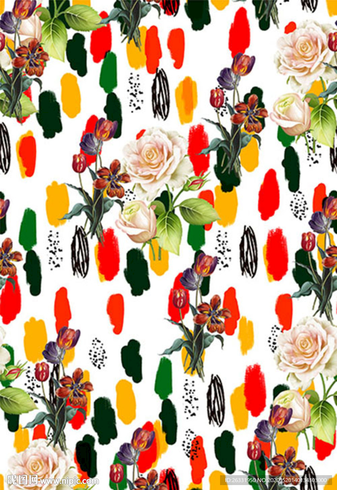 数码印花白色底混色花与瓣