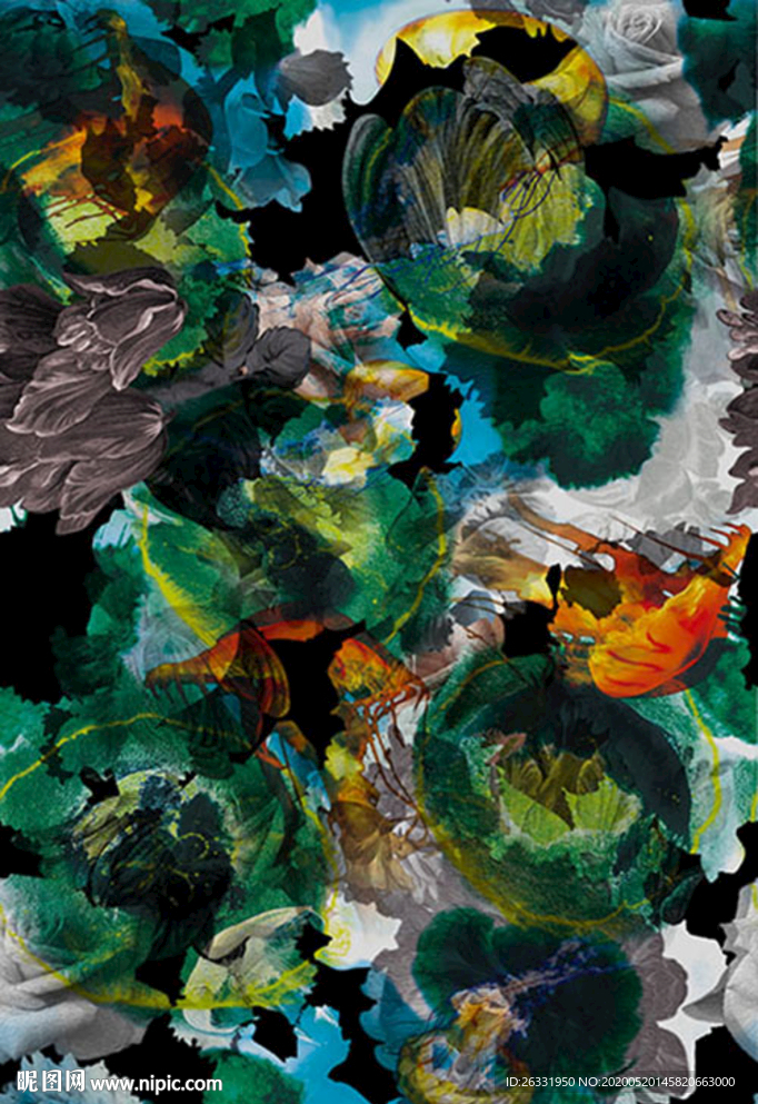 数码印花黑色底混色未开荷花