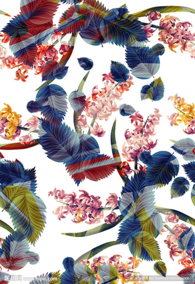 数码印花白色底紫银叶子橙色花