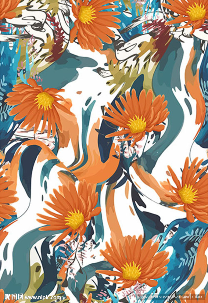 数码印花混色底混色川流橙银花朵