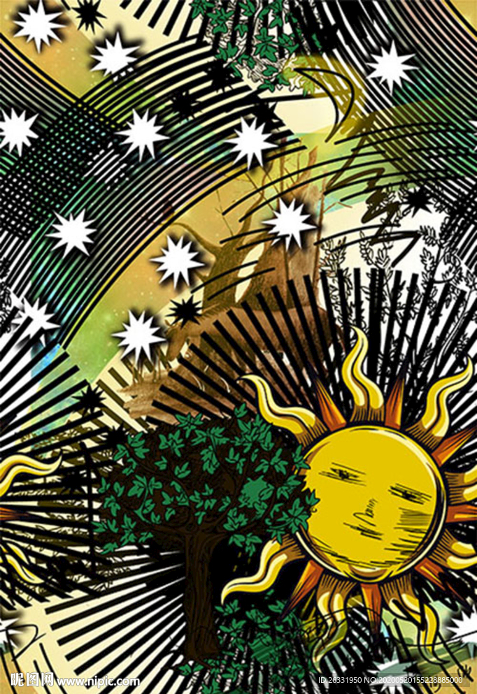 数码印花橙色太阳白星绿树叶黑条