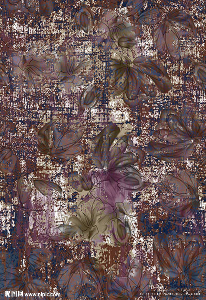 数码印花斑斓底灰蓝紫色花朵