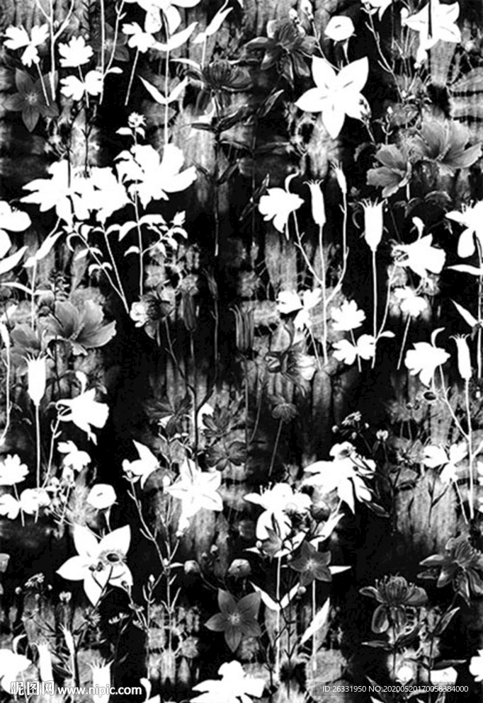 数码印花黑色底灰白花朵