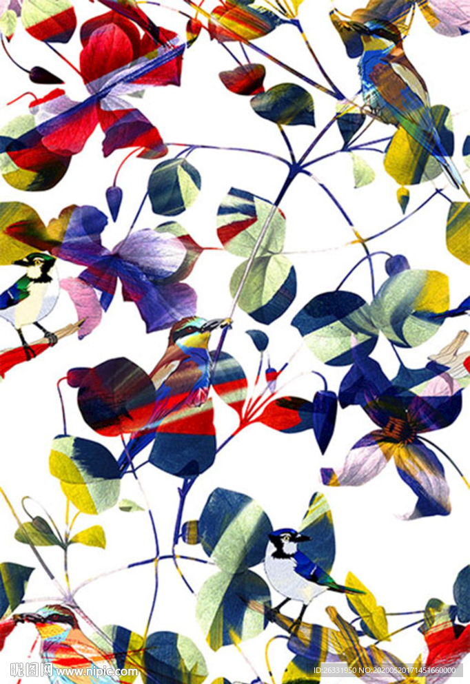 数码印花 白色底混色枝叶与鸟
