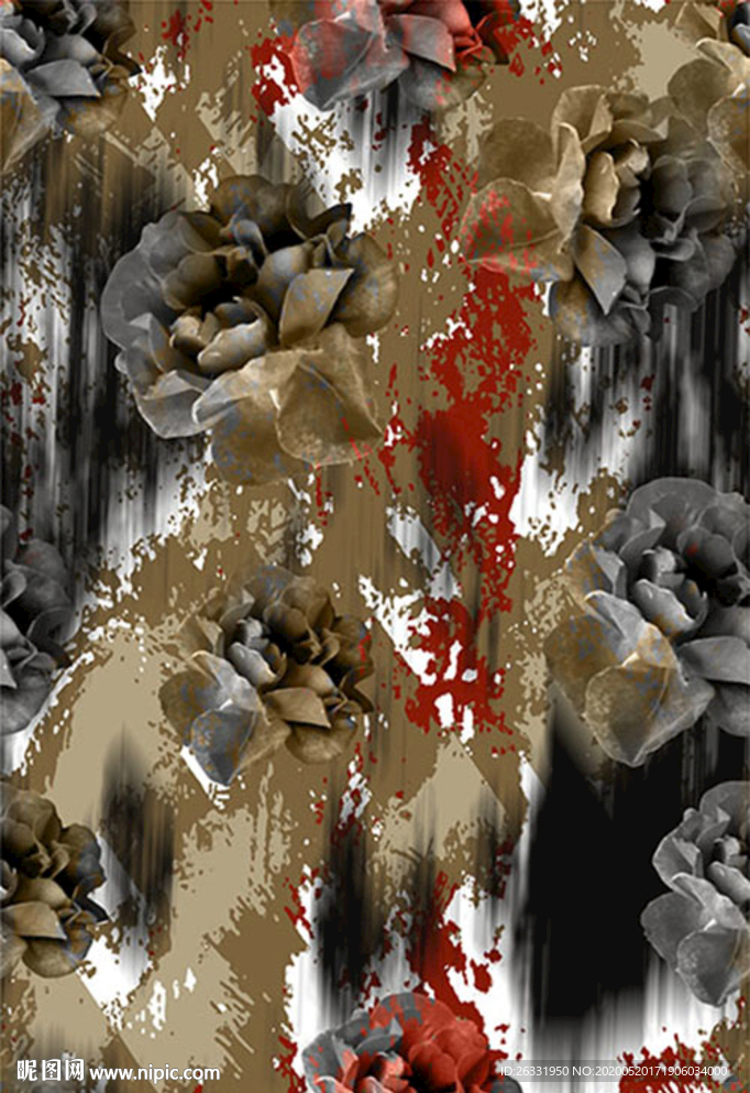 数码印花灰白底泛灰白橙花