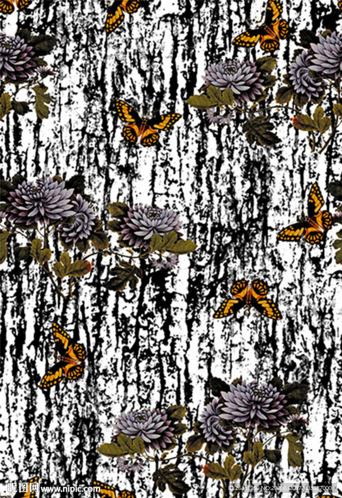 数码印花淡黑白底蝴蝶与花朵