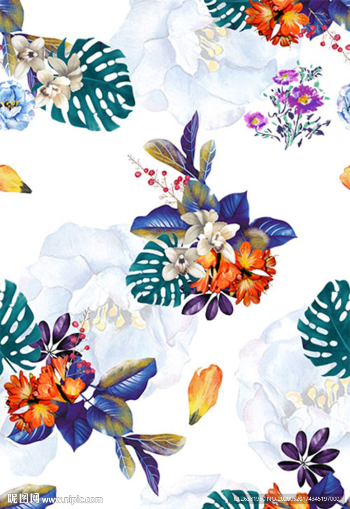 数码印花白色底混色花朵