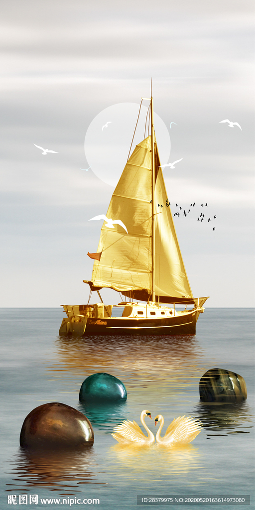 一帆风顺金色玄关装饰画-