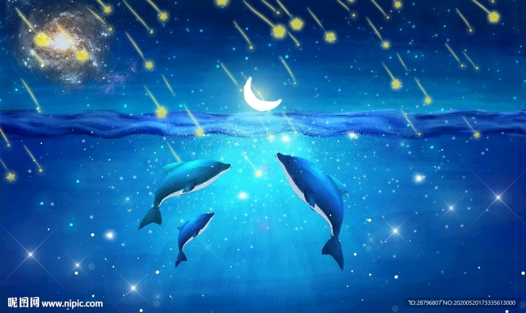 手绘唯美星空海豚一家壁画背景墙
