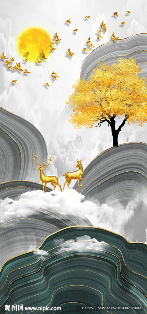 中式麋鹿抽象玄关装饰画