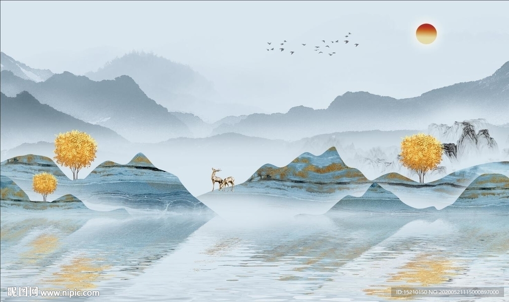 水墨山水抽象树电视背景墙