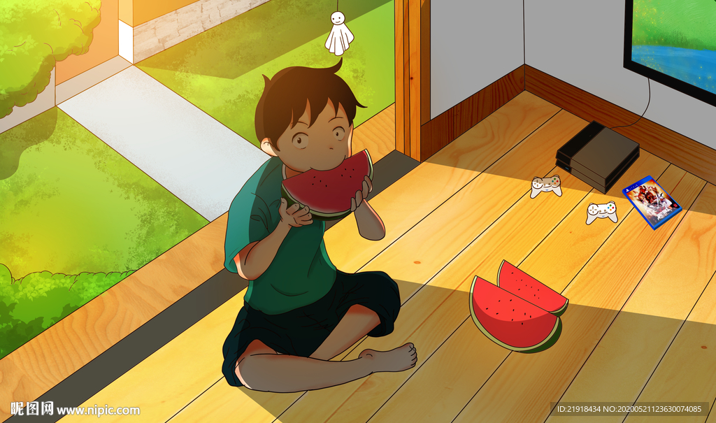 夏天吃西瓜插画