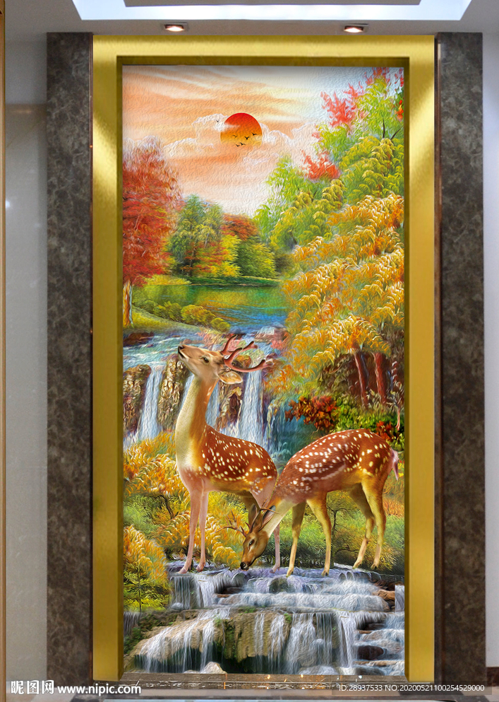 原创玄关油画山水梅花鹿装饰画