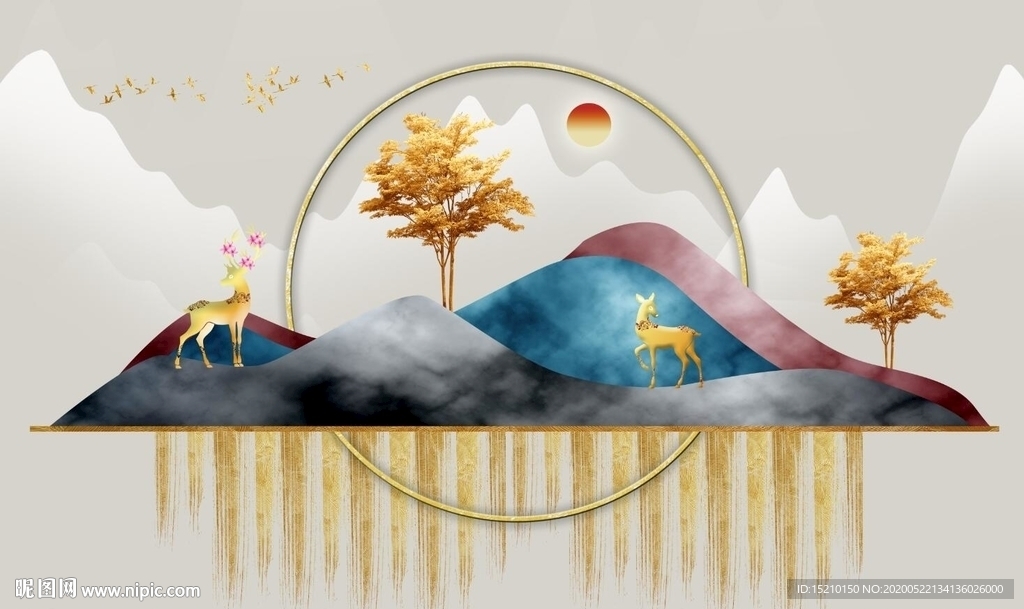 水墨山水发财树电视背景墙