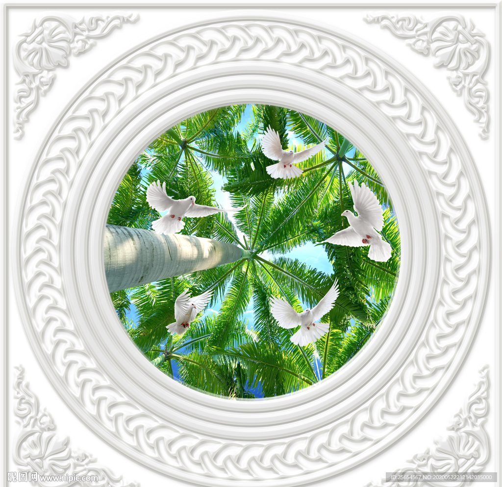欧式花纹天空椰树天顶壁画