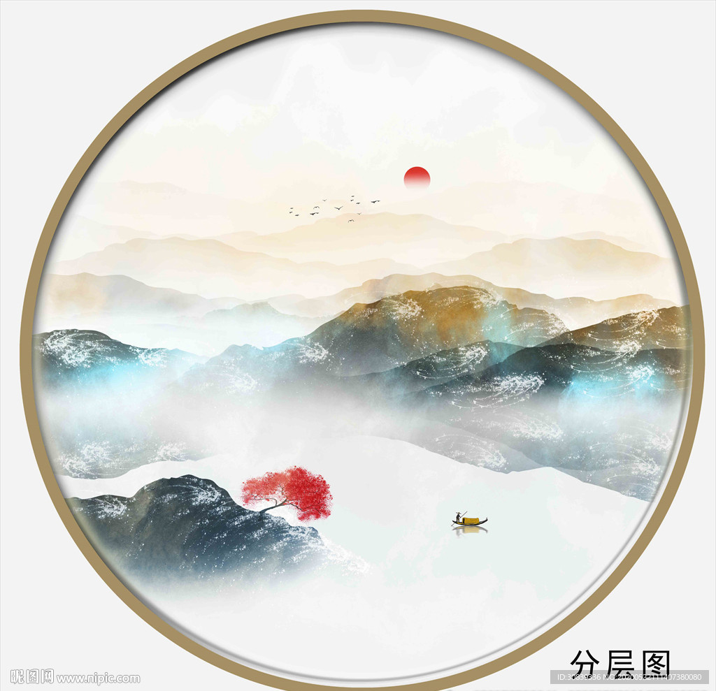 圆形水墨山