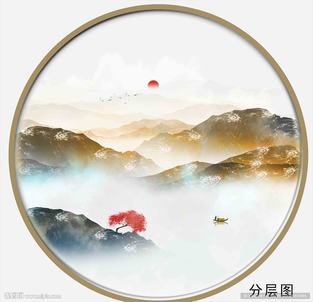 圆形水墨山水画