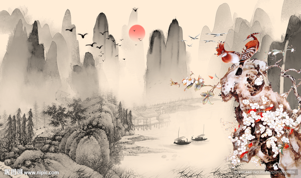 花鸟山水背景墙