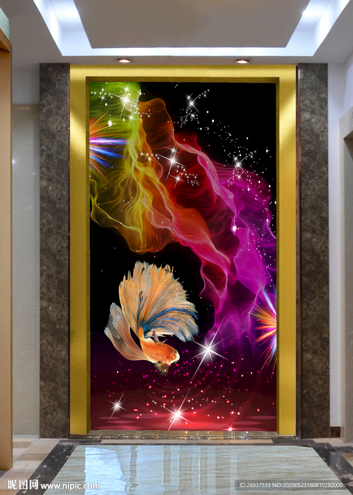 原创玄关彩条孔雀鱼装饰画壁画