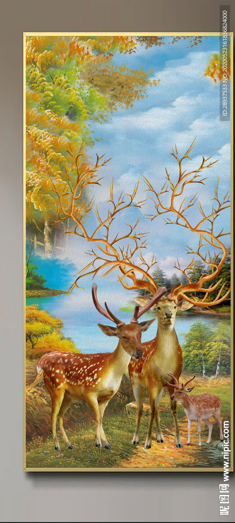 原创玄关油画梅花鹿装饰画背景墙