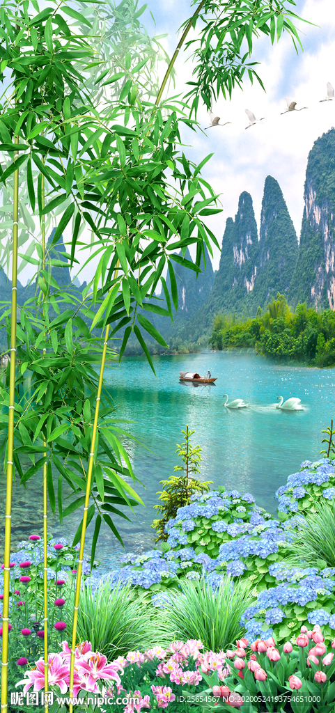 山水流水生财玄关背景墙装饰画