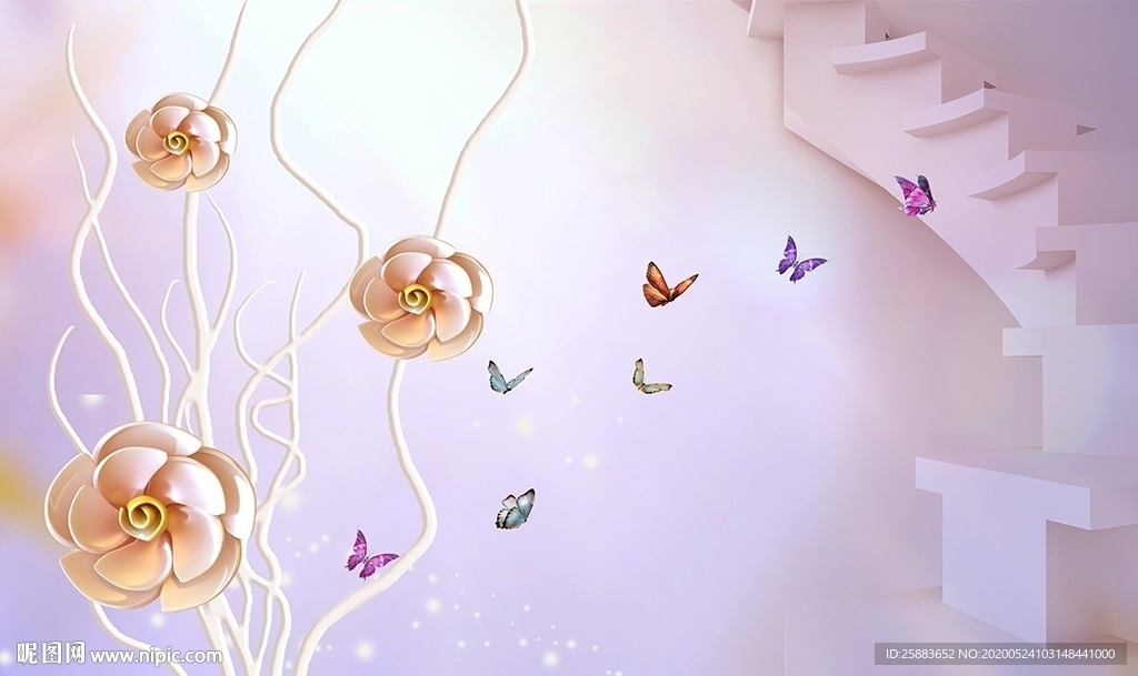 淡雅蝶恋花电视背景墙