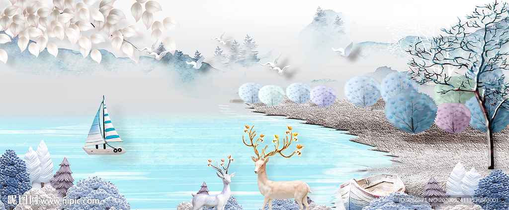 现代简约麋鹿山水晶瓷画装饰画