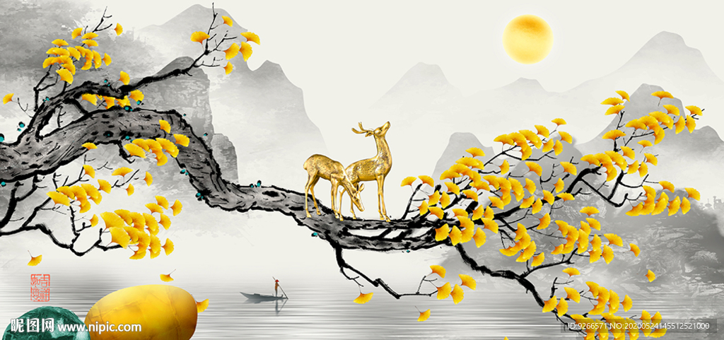 石来运转麋鹿山水晶瓷画装饰画