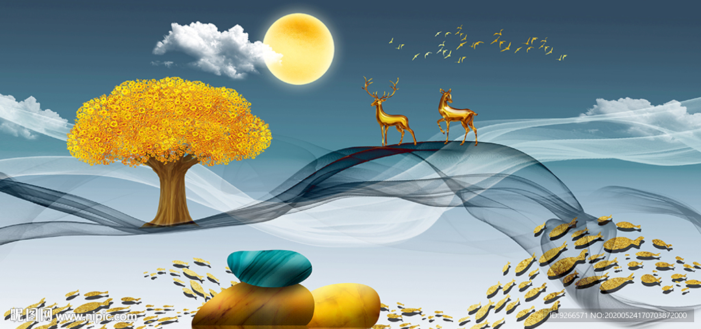 石来运转麋鹿山水晶瓷画装饰画