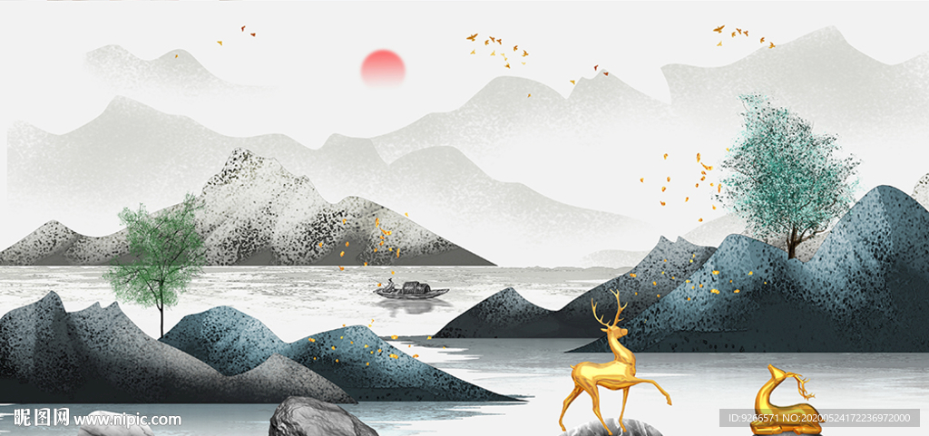 石来运转麋鹿山水晶瓷画装饰画