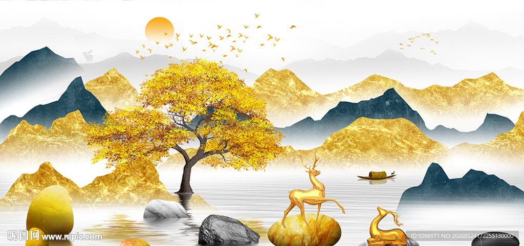 石来运转麋鹿山水晶瓷画装饰画