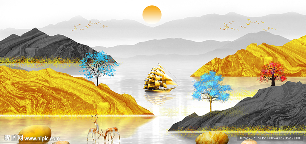 石来运转麋鹿山水晶瓷画装饰画