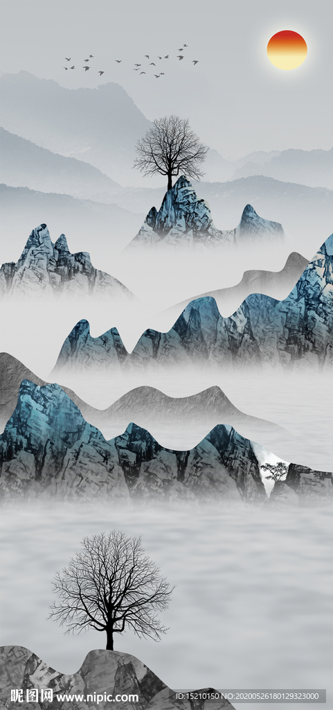 国画山水抽象玄关背景墙