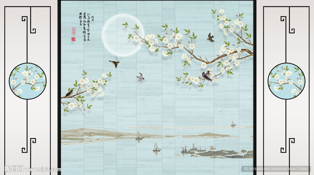 自带边框新中式绿色花鸟背景墙