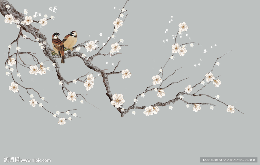 简约梅花花鸟素色电视背景墙