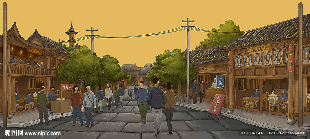 插画老街年代背景墙