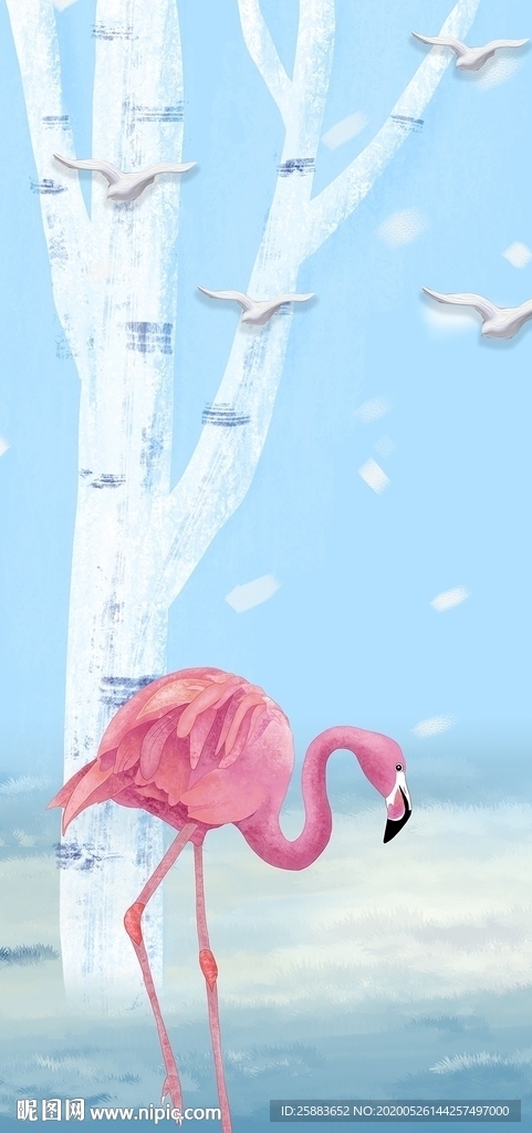 白桦树花鸟玄关背景