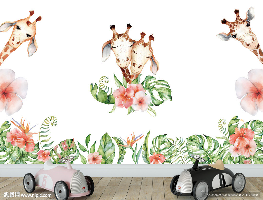 可爱长颈鹿儿童背景墙