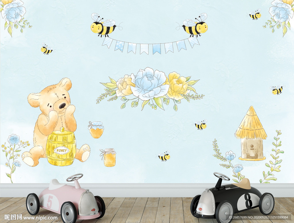 蜂蜜熊熊蜜蜂儿童背景墙
