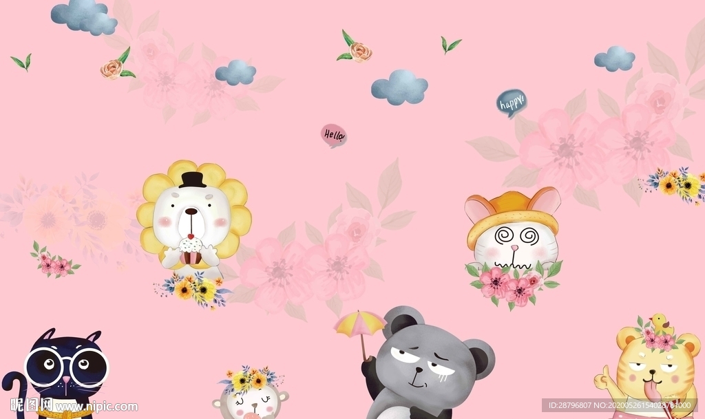 北欧简约手绘线条动物壁画背景墙