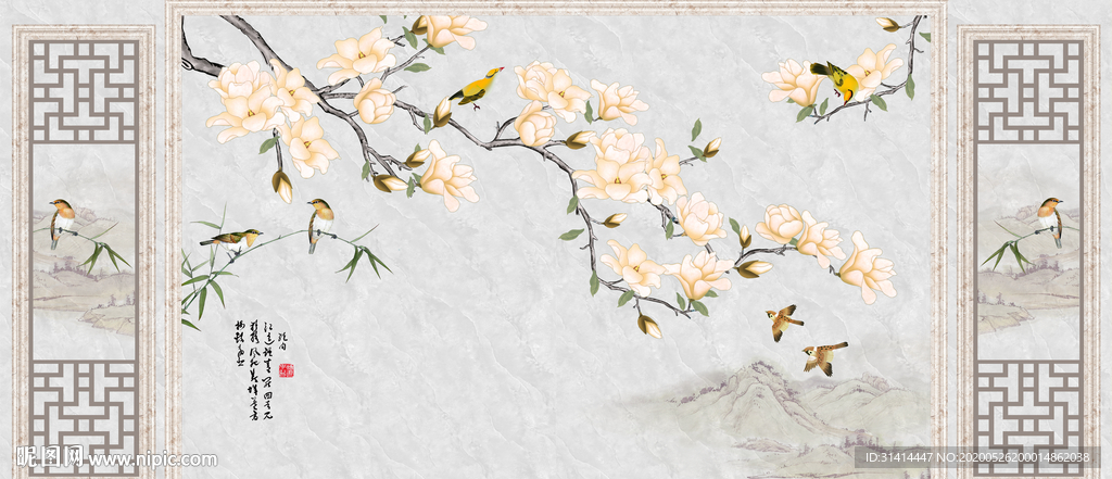 新中式花鸟背景墙