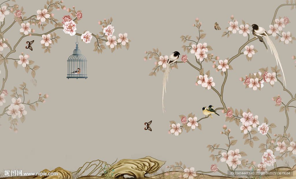 新中式花鸟背景墙