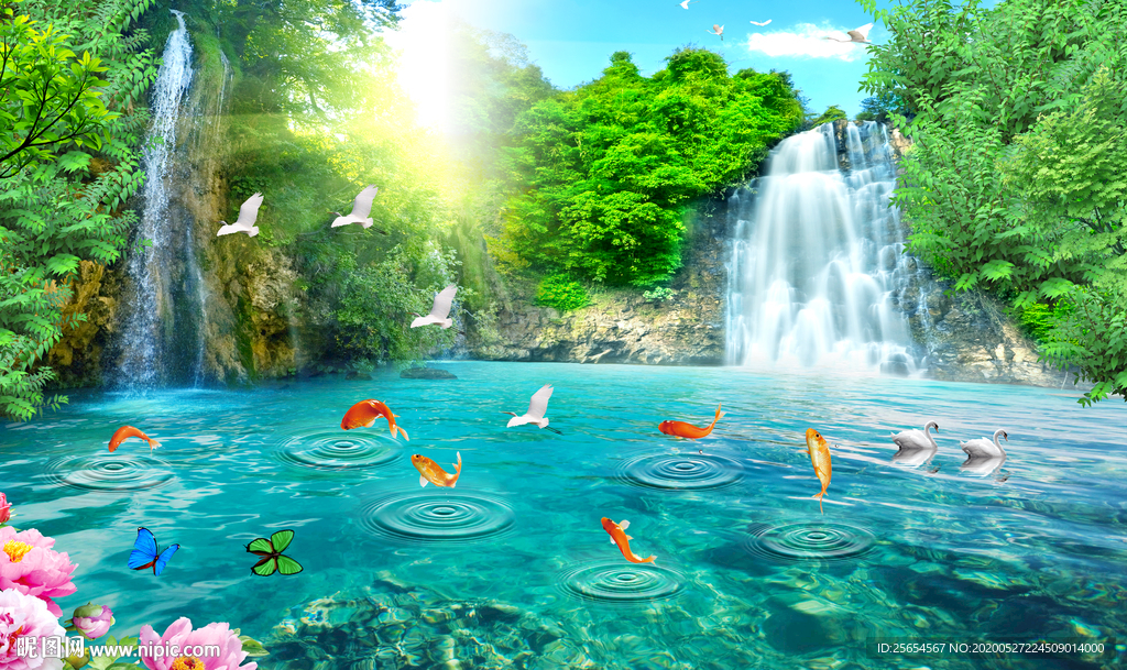 风景山水流水生财沙发背景墙