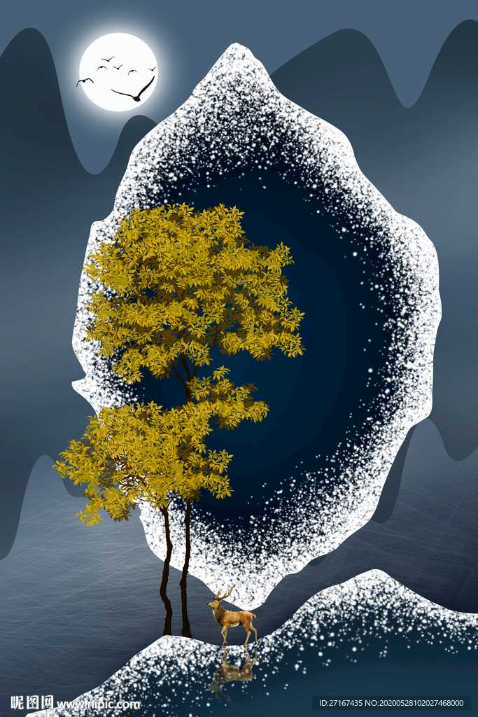 个性抽象几何山水发财树