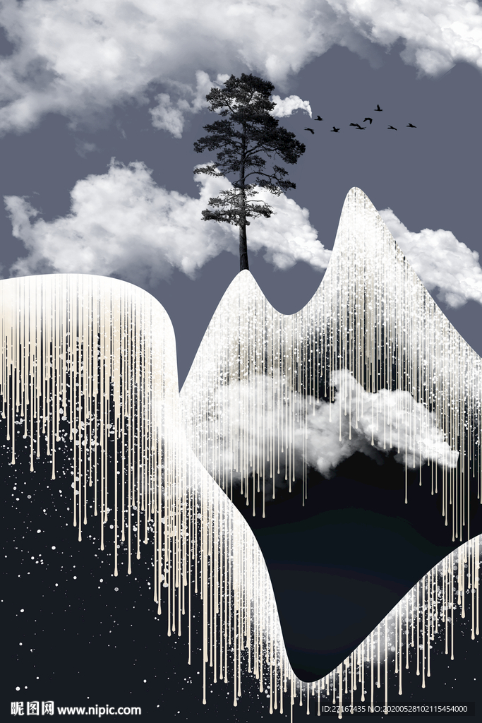 抽象流沙线条组合山水画