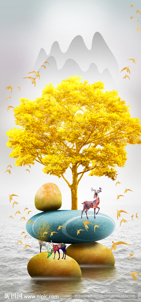 时来运转摇钱树玄关背景墙